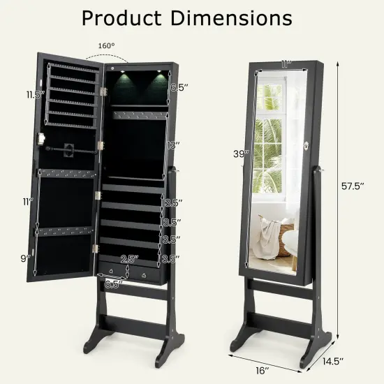 Lockable Freestanding Jewelry Cabinet Armoire with Full-Length Mirror and Lights Black {4}