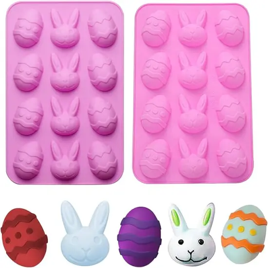 2 Pack Bunny & Egg Silicone Molds Easter Day Cake Pan Silicone Molds for Baking Cupcake Muffin Making Chocolate Candy Ice Cube Jello Jelly Soap Wax Crayon Melt（Pink and Purple） {1}