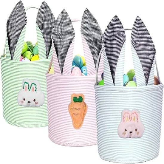 Personalized Easter Basket for Boys Girls, Seersucker Egg Hunt Bunny Baskets for Kids {1}