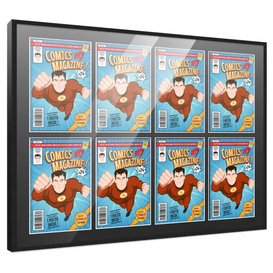 Comic Book Frame with Mat for 8 Current Era Comics Published After 1985 - Black Wood Comic Frame With Black Mat for 6.875x10.5 Comics - 37.5x26.5 Frame Size {7}