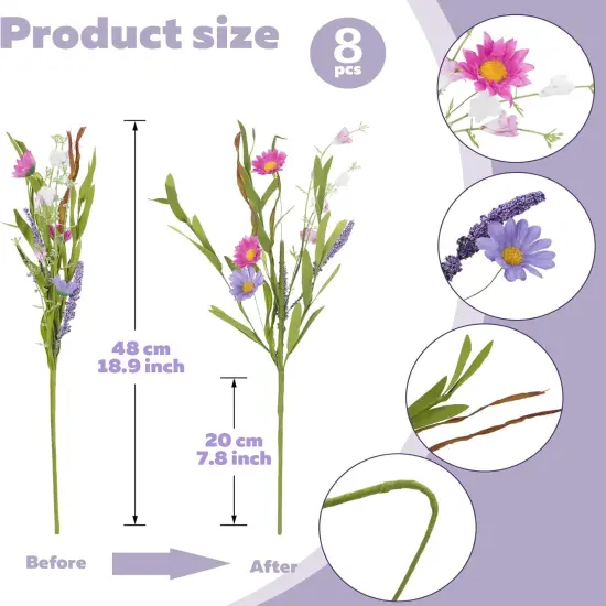 8 Bundles Spring Fake Flowers Artificial Daisy Lavender Flowers Stem Picks Faux Silk Spring Flowers Fake Wildflowers Bouquet for Home Indoor Table Vase Wedding Party Decor {4}