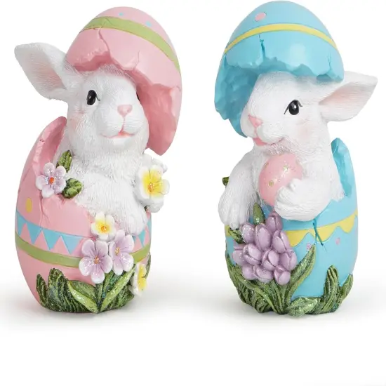Easter Bunny Decorations Spring Easter Egg/Cup Bunny Indoor Home Decor Farmhouse Country Style Flowers Bunny Figurines (2pcs Easter Egg Rabbit Color 1) {1}
