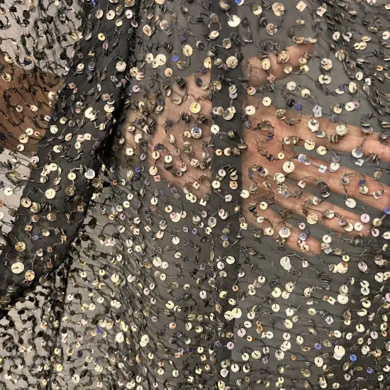 1 Yard Black Sequined Lace Fabric on Chiffon 54" Wide 100% Polyester Heavyweight Bridal & Formal Material {2}