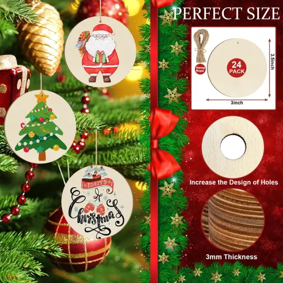 Wooden Christmas Ornaments to Paint Christmas Round Decoration Cutouts Unfinished 24PCS 3.5 x 3 inches, DIY Blank Unfinished Christmas Tree Wood Discs Ornament for Home Crafts Hanging {2}