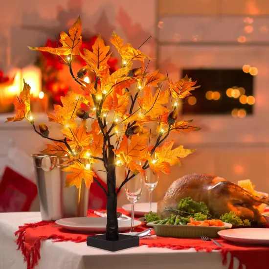 [2 Pack] 24-inch Fall Lighted Maple Tree with Acorns, 48 LED Lights, Battery Operated Thanksgiving Table Centerpieces Decoration Artificial Tree for Home Fireplace Autumn Harvest Tabletop Indoor Decor {4}
