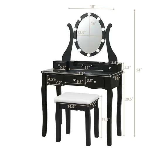 Costway Vanity Table Set w/10 Light Bulbs and Touch Switch Makeup Dressing Table {4}