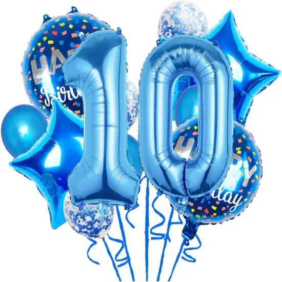 11 pcs Foil Balloons 10 Year Old for 10st Birthday Party Supplies Decoration (10th, Blue) {1}