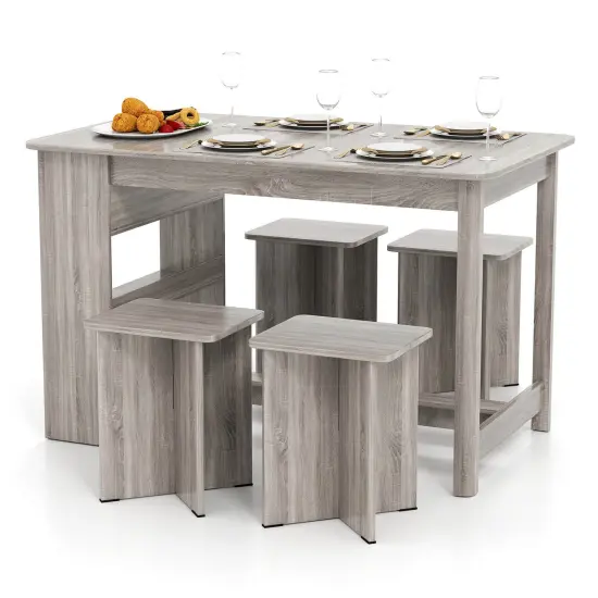 Costway 5 PCS Dining Table Set with Storage Shelf Rectangular Kitchen Table with 4 Stools Beige/Gray {9}