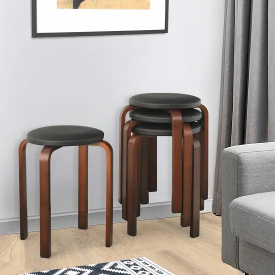 Costway Set of 4 Bentwood Round Stool Stackable Dining Chair w/Padded Seat Beige\Black {3}