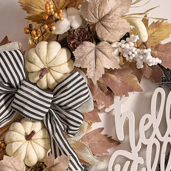 Neutral Autumn Door Wreath with Lights {4}