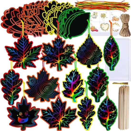 48 Sets 12 Styles Magic Color Scratch Black Fall Leaves Ornaments {1}