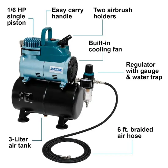 Cool Runner Professional High Performance Single-Piston Airbrush Air Compressor 3-Liter Tank, Holders, Regulator, Gauge, Water Trap Filter & Air Hose {2}