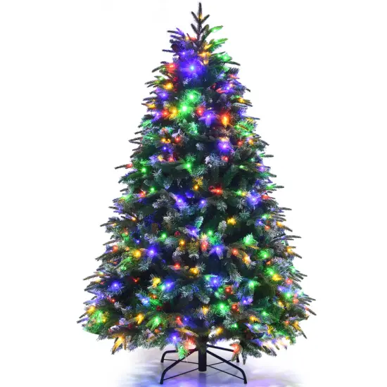 Costway 5/6/7/9ft Pre-Lit Snowy Christmas Hinged Tree 11 Flash Modes with 250/350/450/780 Multi-Color Lights {7}