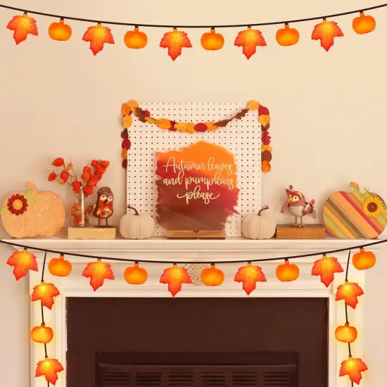 8.5Ft LED Fall Maple Leaf Pumpkin String Lights - Orange {4}