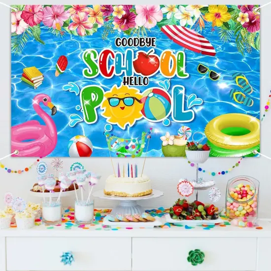 Goodbye School Hello Pool Banner Summer Pool Splish Splash Tropical Floral Backdrop End of School Year Party Decorations Banner Photo Booth Props {3}