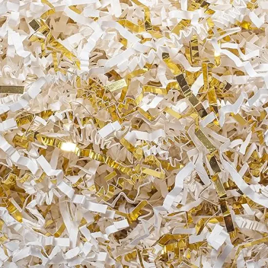 2 LB Crinkle Cut Paper Shred Filler White & Gold Crinkle Shredded Paper for Gift Box - Gift Basket Bag Filler - Grass Cushion Stuffing for Christmas Holiday Packaging Wrapping {1}