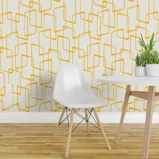Non-Pasted Wallpaper 2FT Wide Yellow Geometric Shapes Pattern Lino Print Texture Traditional Wallpaper by Spoonflower {1}