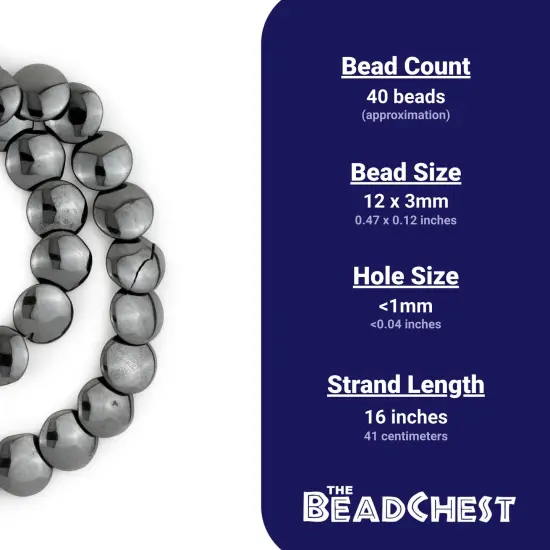 The Bead Chest Flat Round Disk Non-Magnetic Hematite Beads 12mm Grey Gemstone 16 Inch Strand {4}
