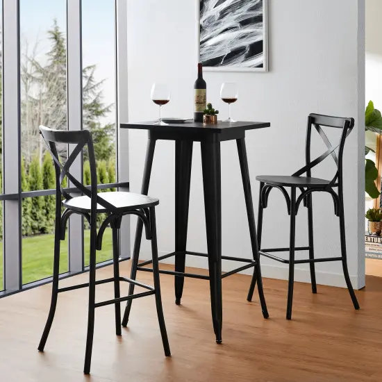3 Piece Pub Table and Bar Chair Set - Steel Round Bar Table and Bar Chair Set Black {5}