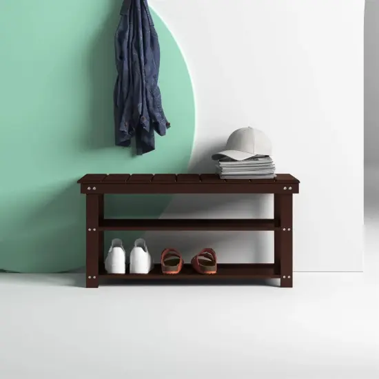 Wooden Shoe Rack Bench with Two Storage Shelves and 2-Seater Design for Entryway or Hallway Espresso Brown {3}