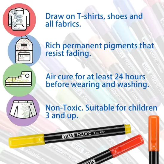 VEESA Fabric Markers, 24 Colors Permanent Fabric Paint Marker for Clothes, Fine Point Textile Marker Pen for T-Shirt Shoes, Non-Toxic & Kid Safe {5}