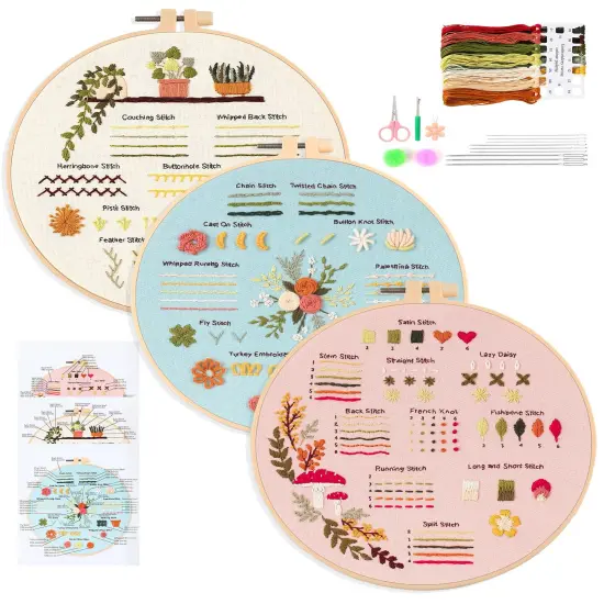 JOINRUN Embroidery Starter Kit for Beginner DIY: 3 Sets Adults Cross Stitch Kit, for Craft Lover Learn Hand Stitch, Includes Stamped Pattern,Hoop, Easy to Follow Instruction and Video {1}