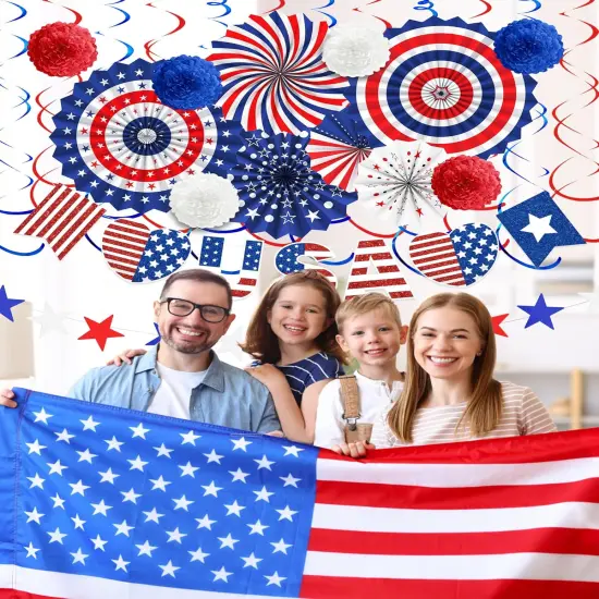 4th of July Decorations Outdoor Red White Blue Paper Fans Hanging Swirls Pompoms {2}
