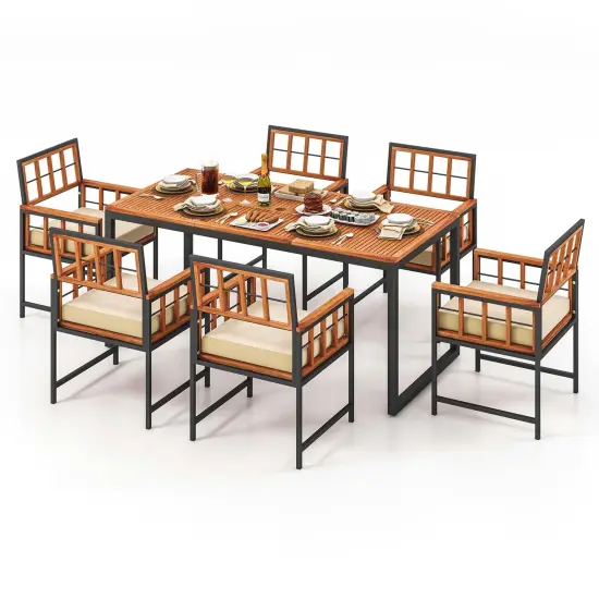 Costway 7 PCS Patio Dining Set Outdoor Acacia Wood Table with Soft Cushions Umbrella Hole {2}