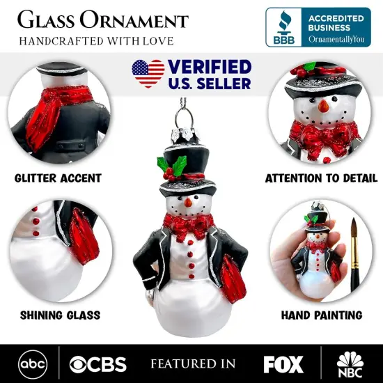 Dapper Gentleman Snowman Glass Christmas Ornament, Refined Handblown Holiday Tree Decor {2}