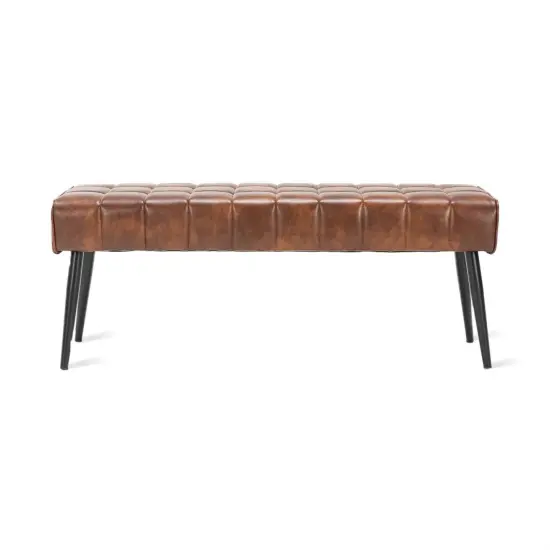 Modern Bedroom Bench with Tufted PU Leather Seat and Tapered Metal Legs for 3 Seating Brown {8}