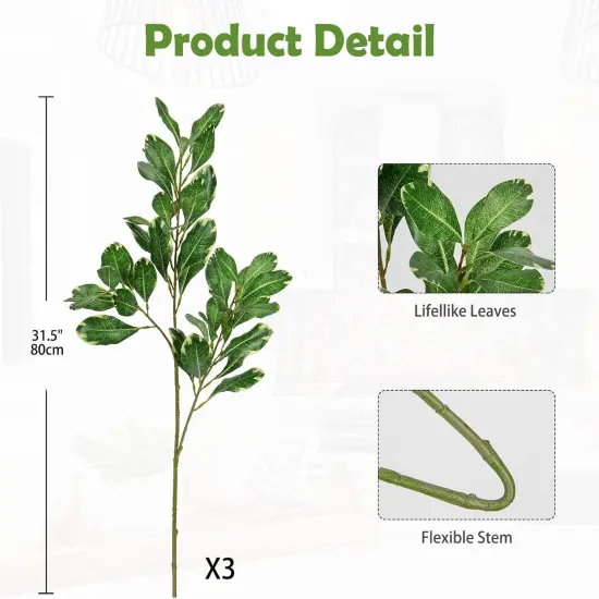 3PCS Artificial Greenery Stems 31.5 Inch Faux Branches for Vase Fake Pittosporum Tobira Leaves Branches Long Stems Plants Leaf Bushes for Floral Arrangement Bouquets Party Wedding Home Decor Green {2}