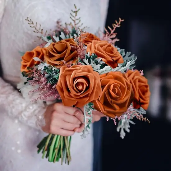 100 Pieces Artificial Foam Rose Flowers Faux Bouquet with Leaves and Stems {4}