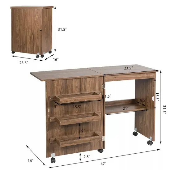 Costway Utility Sewing Craft Table Folding Design w/Storage Cabinet Wheels Brown {4}