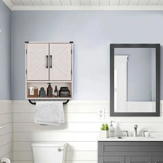Modern Wooden Bathroom Wall Storage Cabinet with Doors and Towel Rack, Adjustable Shelves Grey {5}