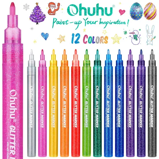 Glitter Markers Pen 12 Glitter Colors Metallic Shimmer Marker Fine Point Tip Water-based Ink for Kids Adults DIY Crafts Greeting Birthday Cards Making Poster Album Scrapbooking Mugs Wood {2}