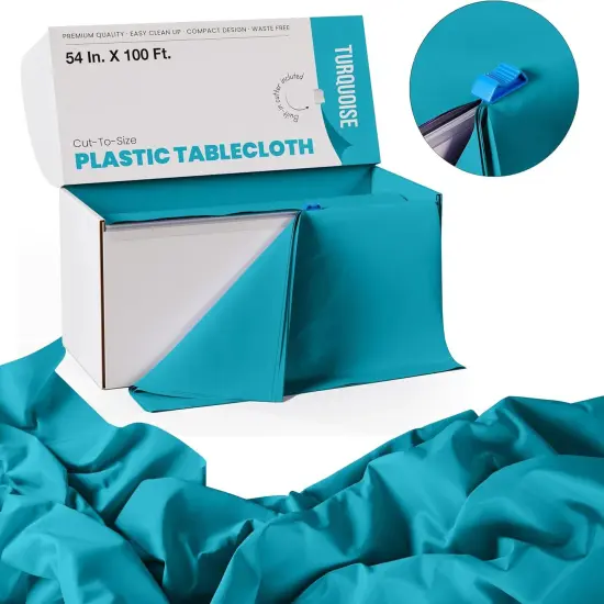 Exquisite Party Solids 54" x 100' Plastic Table Cover Roll with Slide Cutter &ndash; Cut-to-Size Dispenser Box &ndash; Makes Up to 36 Disposable 8' Rectangle Tablecloths Turquoise {3}