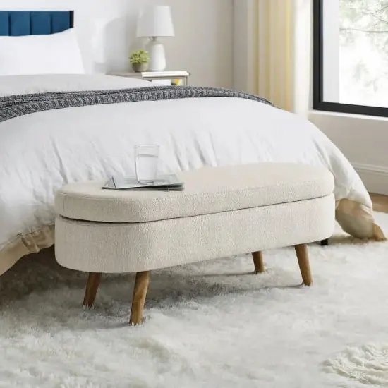 Linen Upholstered Modern Storage Bench with Wood Legs and Flip-Top Off white {4}