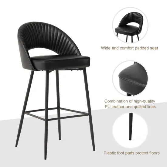 Set of 2/4 Modern Black Quilted Leatherette Bar Stool with Metal Tapered Legs {4}