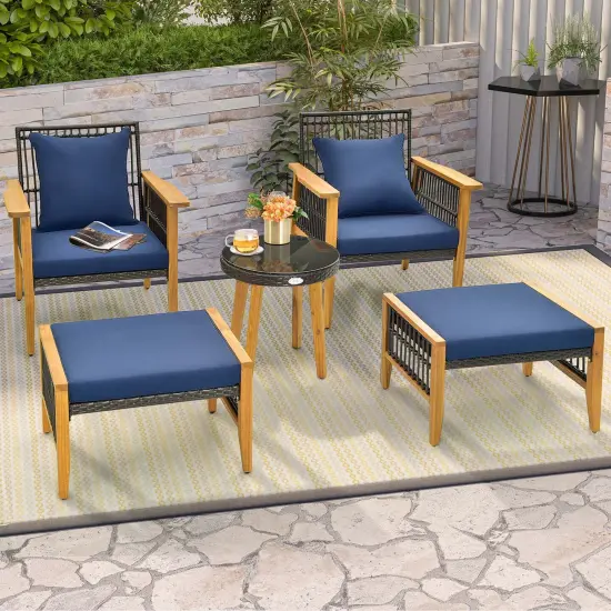 Costway 5 Pcs Patio Acacia Wood Wicker Woven Furniture Set with Coffee Table & 2 Ottomans Navy/Beige {4}
