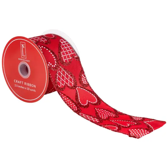 Northlight Hearts Valentine's Day Glittered Wired Craft Ribbon - 2.5" x 10 Yards - Red and White {6}
