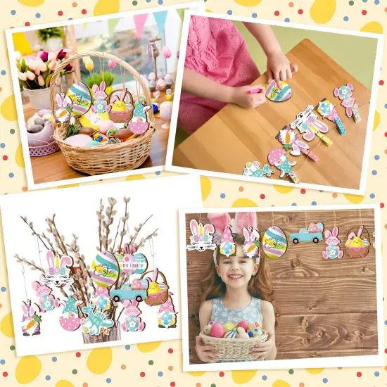 Chunful 30 Pcs Happy Easter Wooden Ornaments with Ropes Spring Egg Gnome Bunny Carrot Basket Holiday Easter Decorations Wood Bunny Ornament Embellishments Decorative Hanging Ornaments for Party {4}
