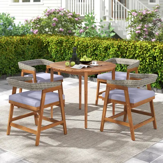 Costway 5 Piece Patio Dining Set Outdoor Solid Wood Furniture with Rattan Backrest {5}