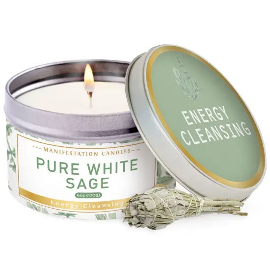 Long Lasting Pure White Sage Scented Candle - 6 oz - 35 Hour Burn - Natural Soy Wax Smudge for House Energy Cleansing, Positive Vibes & Manifestation {2}