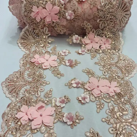 3 Yard Sequin 3D Lace Fabric 33cm Wide Polyester Embroidered Mesh with Pearls & Scalloped Edge White {4}