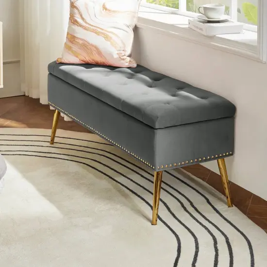 Upholstered Velvet Storage Bench with Tufted Seat and Gold Metal Legs Grey {2}