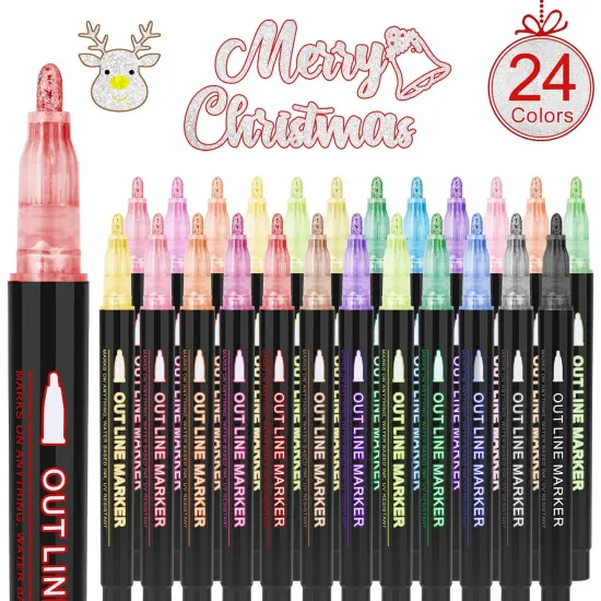 24 Pack Double Line Outline Markers, Squiggles Shimmer Markers Set, Self Outline Metallic Glitter Marker Pens for Christmas,Art, Drawing, Writing, Greeting Cards, DIY, Scrapbook, Easter Eggs {2}
