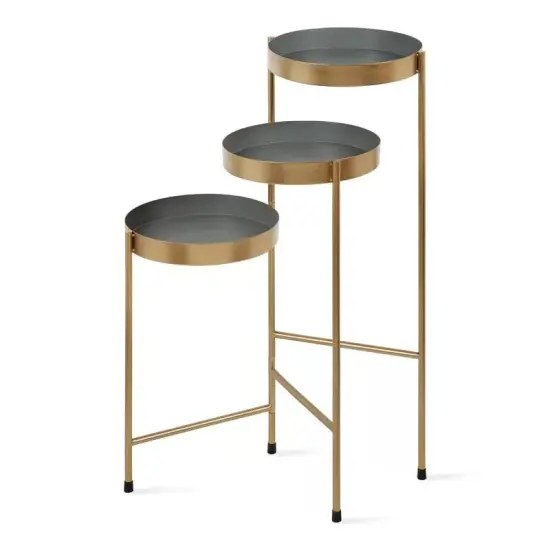 Modern 3 Tier Metal Plant Stand with Rotating Trays Indoor Flower Pot Holder Fully Assembled Gold Grey {5}