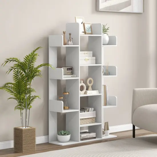 Costway 1/2 PCS Bookshelf Tree-Shaped Bookcase with 13 Storage Shelf Rustic Industrial Style White/Coffee {2}