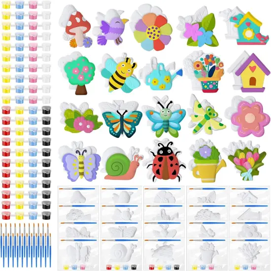 20 Set Spring DIY Painting Kit Ceramic to Paint Your Own Flowers Bee Snail Bird Butterfly Statues Unpainted Plaster Figurines Brushes Acrylic Paints Bags Party Favor for Adults {1}