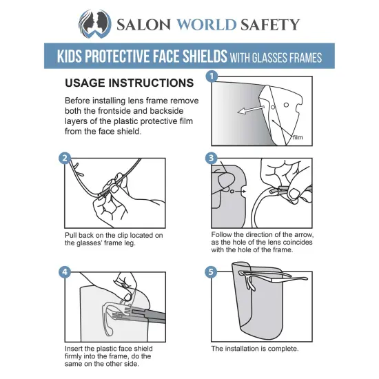 Salon World Safety Kids Face Shields with Glasses Frames (10 Pack) - 5 Colors, 2 Each - Protective Children's Full Face Shields - Anti-Fog PET Plastic {6}